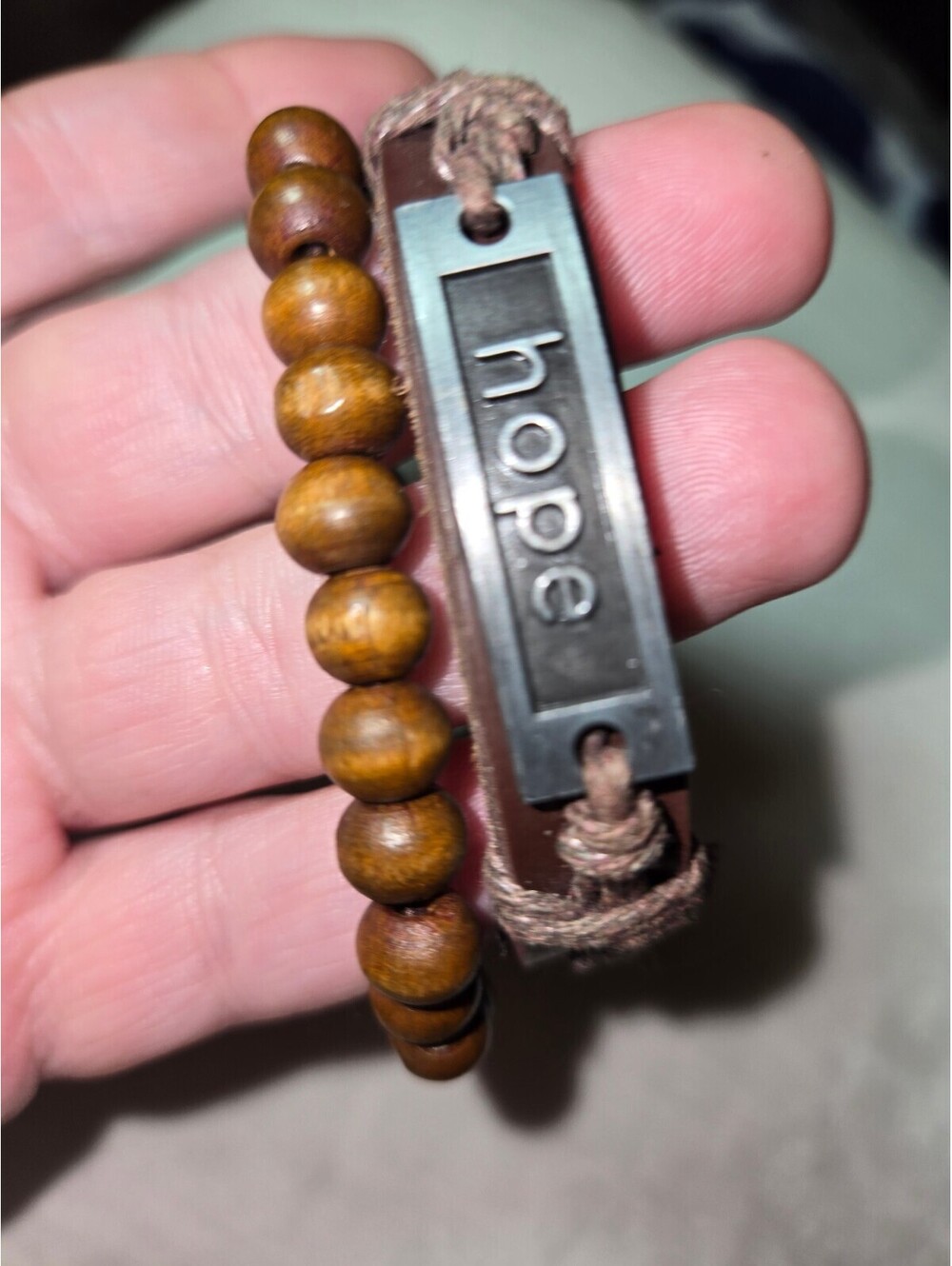 Set of 2 Brown Bracelets wood and leather with Hope Plaque